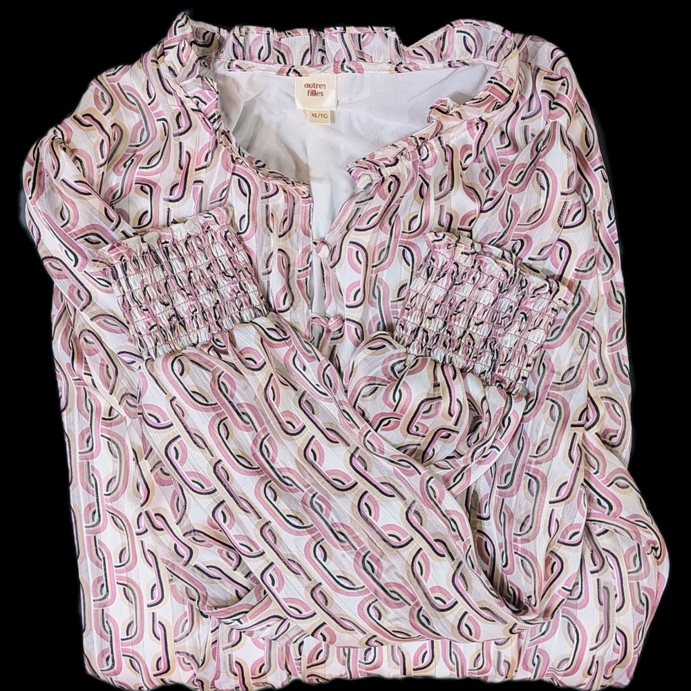 Autres Filles Women's Blouse Pink/Cream, Ruffle Neck, Elastic Cuffs, Size XL